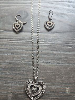 Vintage Judith Jack Silver Layered Heart Pendant Necklace with Matching Earrings
